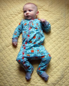 Footie coverall made from Mabel Madison fabrics